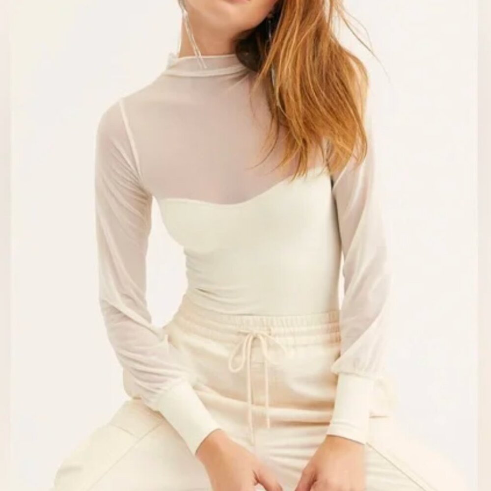 Free People Mock Neck Mesh Long Sleeve Top White Size